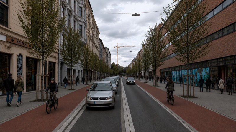 Visualisierung der Lindenstraße: eine Fahrspur für Autos, daneben Parkplätze, auf beiden Seiten rote Radfahrstreifen und breite Gehwege mit jungen Bäumen.